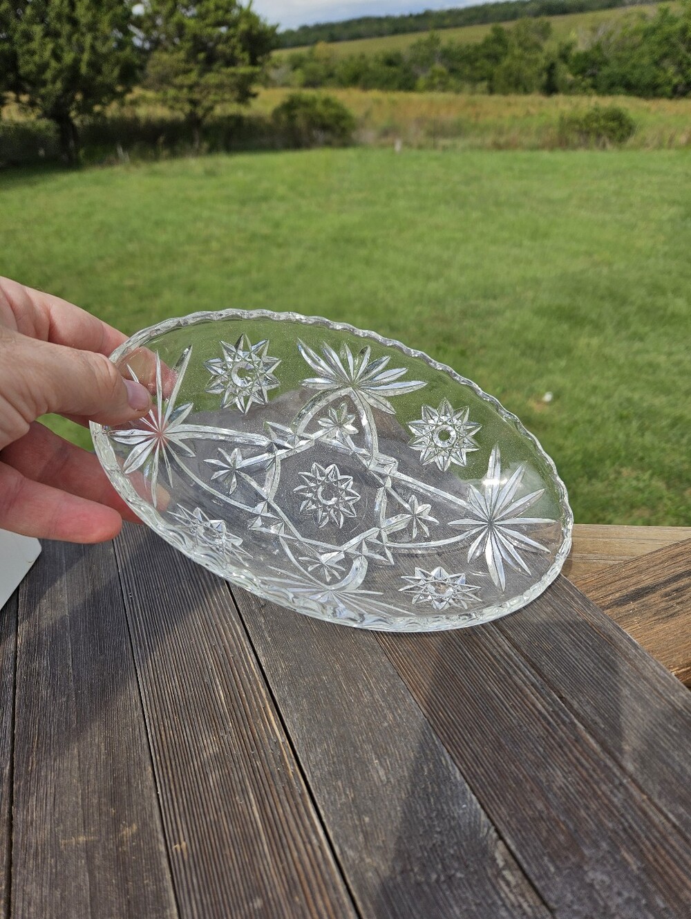 Glass oval dish with starburst etched design #starburst